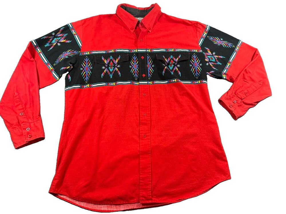 Vintage Roper Southwestern Western Shirt Red Black Aztec Print Men’s XL 2XL